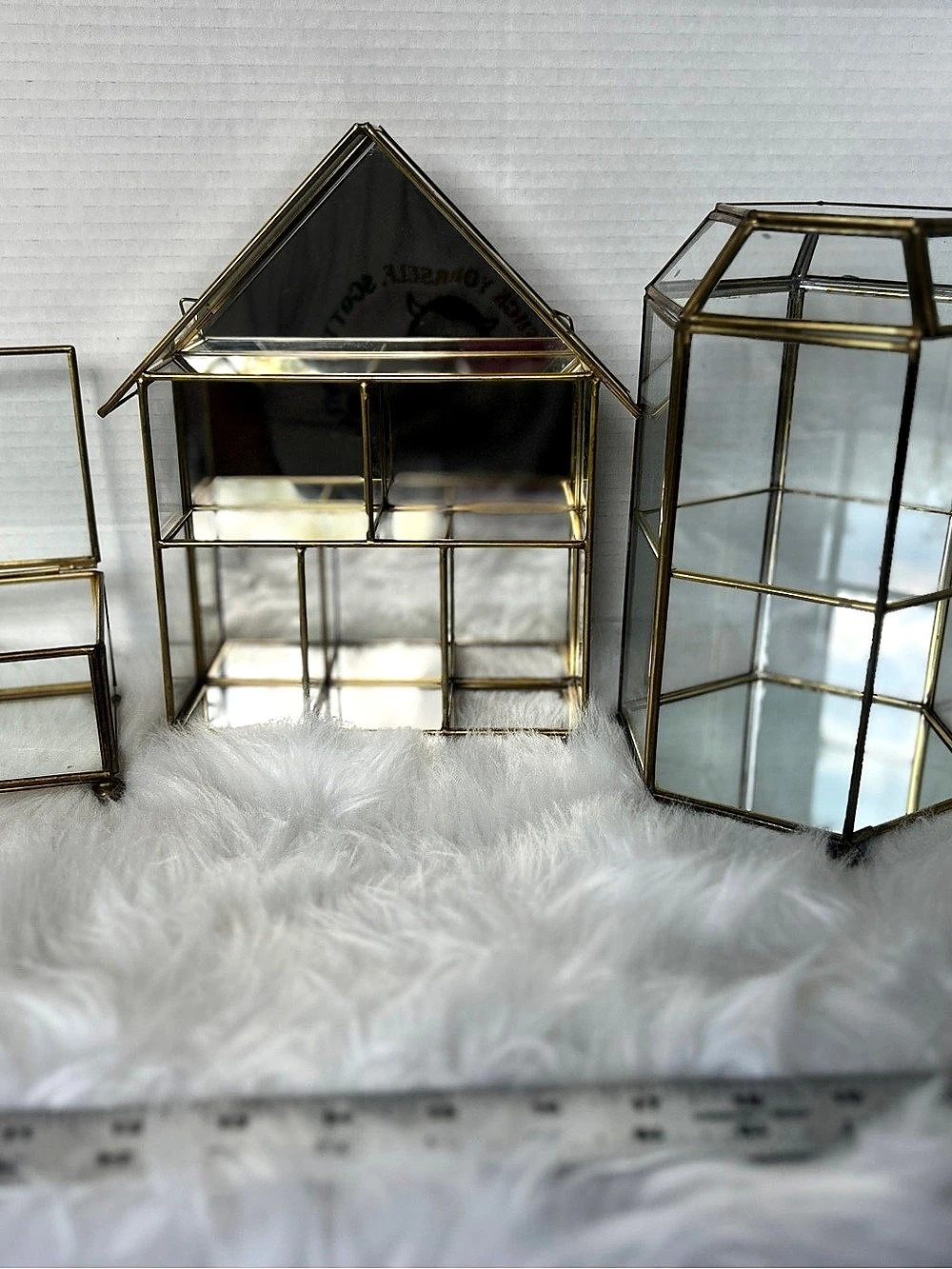 Vintage 3 piece Geometric Glass Terrarium Set in Gold & Clear